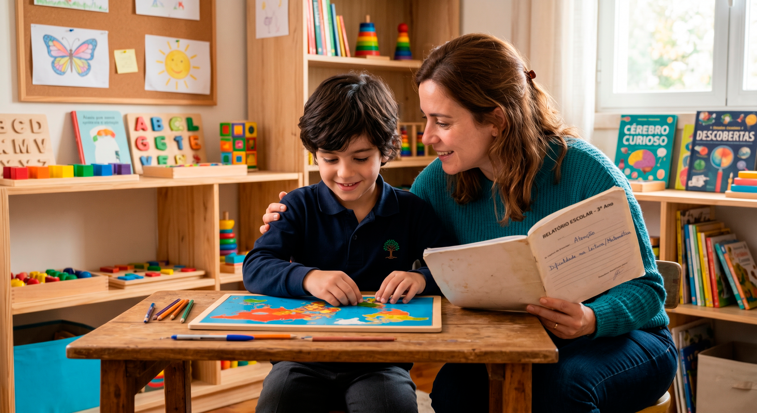 Criança com dificuldade de aprendizagem diante do caderno escolar