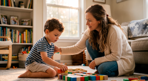 Bebê em avaliação de sinais precoces de autismo com profissional