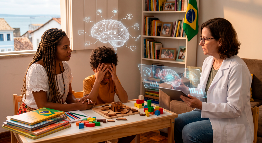 Avaliação neuropsicológica infantil sendo aplicada por especialista