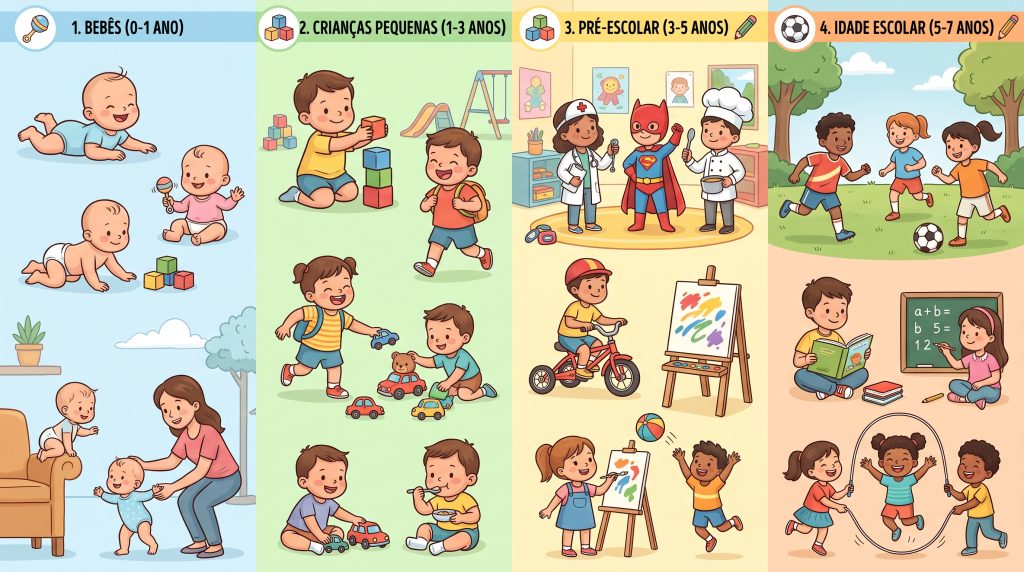 Ilustração dividida em quatro faixas etárias, de bebês a crianças em idade escolar, com os marcos de cada fase