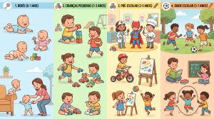 Ilustração dividida em quatro faixas etárias, de bebês a crianças em idade escolar, com os marcos de cada fase