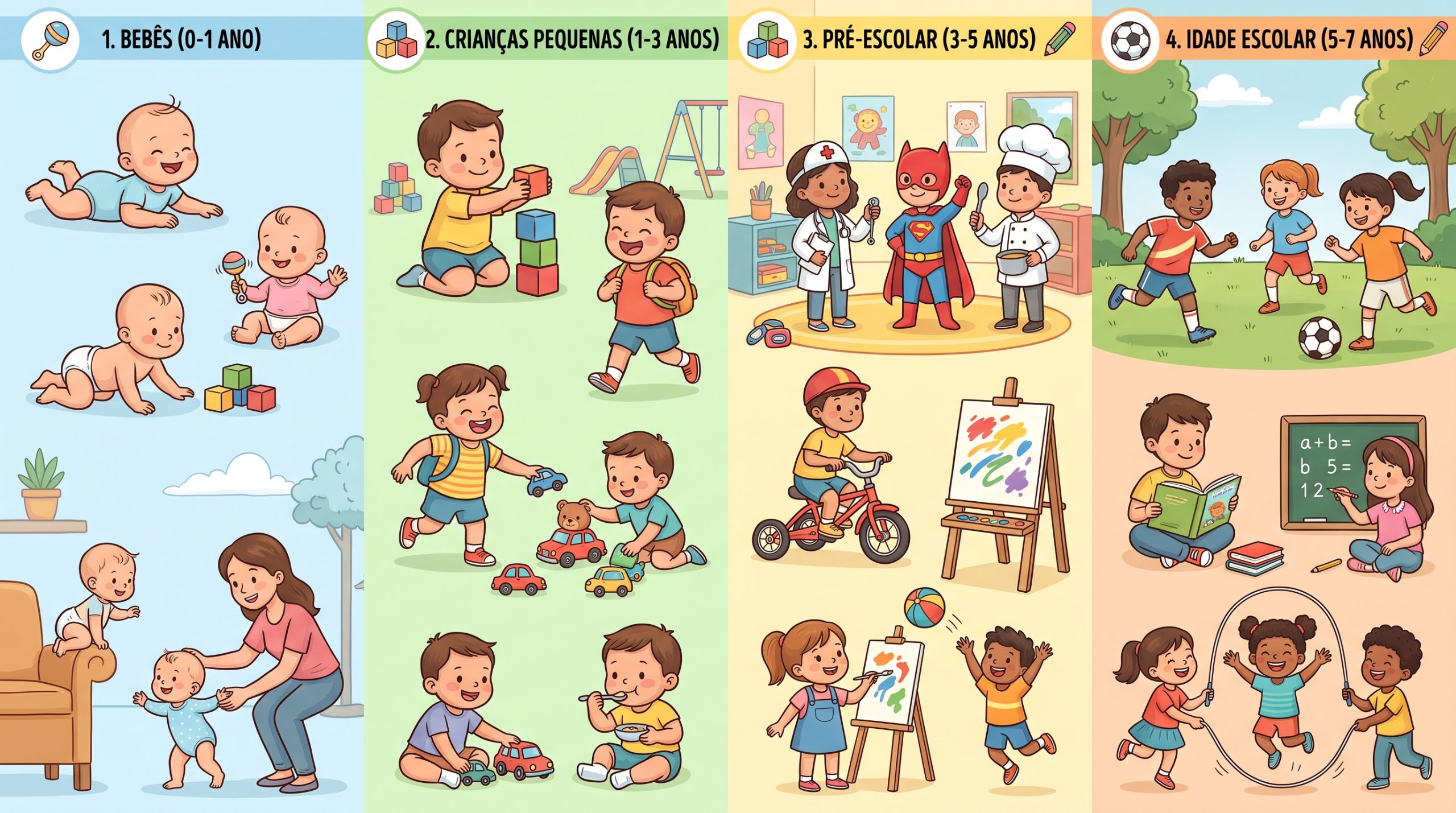 Ilustração dividida em quatro faixas etárias, de bebês a crianças em idade escolar, com os marcos de cada fase